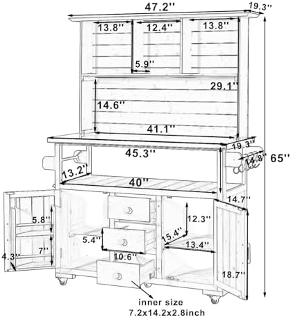 65''H Large Garden Storage Potting Bench with Lockable Wheels, Wood Outdoor Kitchen Island with Stainless Steel top, Drawers, Door Shelves and Hutch (Black-Wheels)
