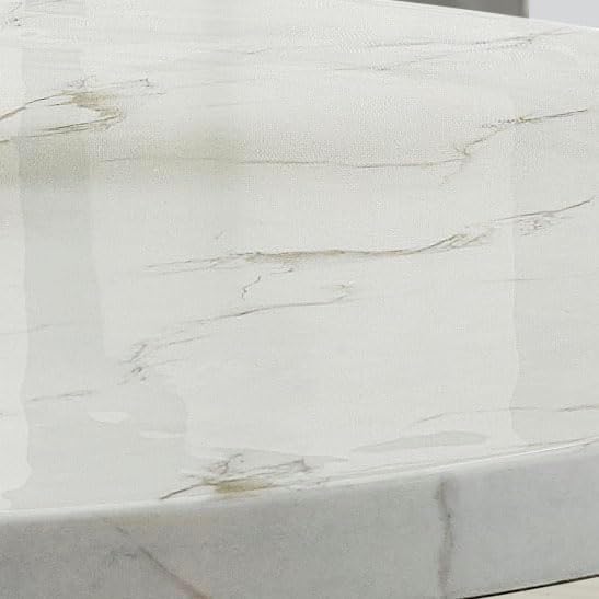 54" Round Dining Table White Faux Marble Top Gray PVC-Upholstered Pedestal Column Gray Wood Base, Fluted Stitching, Foam Padding, Sturdy MDF & Plywood, Modern Contemporary Kitchen Dining, Seats 6