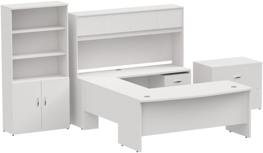 Studio C 72W x 36D U Shaped Desk with Hutch, Bookcase and File Cabinets in White