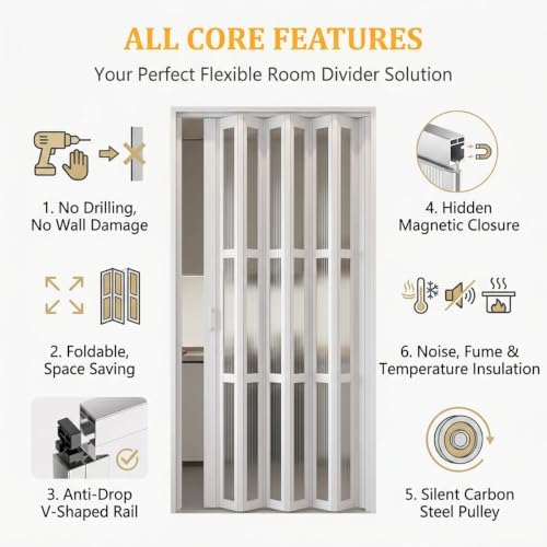 Interior Folding Door with Acrylic Panels for Living Spaces(WxH 28x80in/71.1x203in)