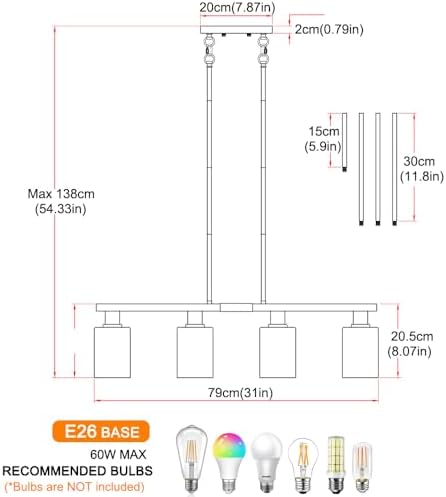 4-Light Kitchen Island Lighting, Black Simplicity Bar Island Lights for Kitchen, Farmhouse Chandelier with Adjustable Height & Clear Glass Shades, Linear Hanging Dining Room Light Fixture Over Table