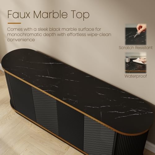 63" Modern Sideboard Buffet Cabinet, Console Table with 4 Doors & Storage, Faux Marble Top & Gold Trim, Multifunctional TV Stand for Living Room or Dining Room, Black
