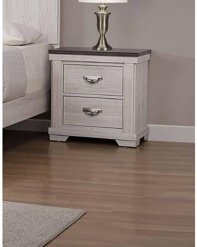 2-Drawer Rustic End Table with Gray Top, White Finish, Metal Pull, Nightstand, Solid Wood for Bedroom, Easy Assembly, Beige Gray+White