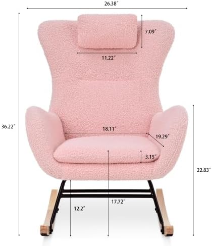 Rubber Wood Nursery Rocking Chair with Pocket, Teddy Upholstered Glider Rocker for Baby Feeding, Adjustable Headrest Armchair for Bedroom Living Room Office, Pink