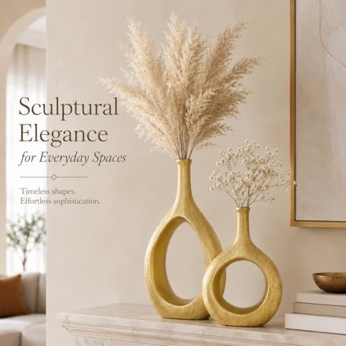 Brushed Gold Ceramic Vase Set 2,Modern Hollow Circle with Hole Flower Vase for Home Decor,for Table Centerpieces,Farmhouse,Fire Place,Living Room,Bedroom,Office,Bookshelf,Rustic Decor