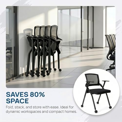 8 Pack Folding Office Chair with Wheels, Heavy Duty Mesh Back Nesting Conference Meeting Chair with Arms, Rolling Space-Saving Seating for Training Room, Home Office, Guest Reception & Waiting Area