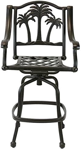 Palm Tree Outdoor Patio Set 4pc Swivel Barstools 30" H Dark Bronze Cast Aluminum, Walnut Cushions