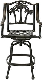Palm Tree Outdoor Patio Set 4pc Swivel Barstools 30" H Dark Bronze Cast Aluminum, Walnut Cushions