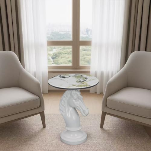 Horse Head Accent Table with Faux Marble Top, Modern Animal Sculpture End Table, Resin Decorative Side Table for Living Room Bedroom Office, Luxury White Statement Furniture