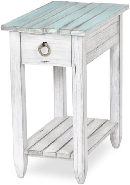 Pemberly Row Contemporary Wood Chairside Table, 25" H x 14" W x 23" D, Mindi and White Cedar, White/Blue Finish, 1 Drawer with Rope Ring Pulls, Coastal Style End Table for Living Room or Bedroom
