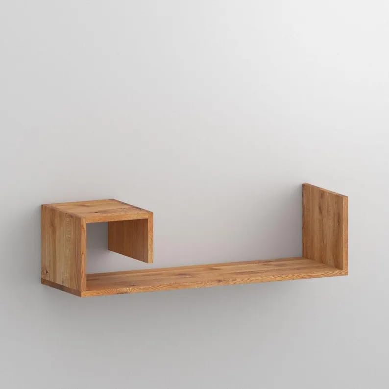 Modern Floating Shelf with Geometric Accent, Rustic Wood Wall Mounted Shelf, Decorative Storage Shelf for Living Room Bedroom Bathroom Kitchen, Natural Oak Finish