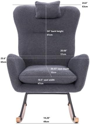 Teddy Nursery Rocking Chair, Upholstered Glider Rocker with High Backrest, Accent Armchair for Living Room Bedroom, Dark Grey, Steel Frame & Solid Wood Legs