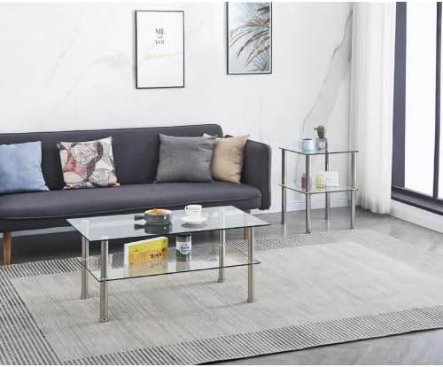 Modern Glass and Metal 2-Tier Side Table, Transparent Tstructure with Storage Space Underneath for The Living Room, Bedroom, or Home Office