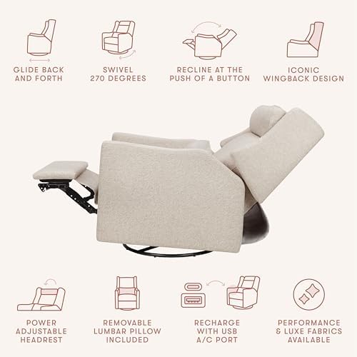 Babyletto Kiwi Plus Power Recliner and Swivel Glider with Power Headrest and USB Port in Performance Beach Eco-Weave, Water Repellent & Stain Resistant, Greenguard Gold and CertiPUR-US Certified