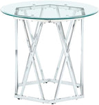 Pemberly Row Round Tempered Glass End Table, 26 in Width, Silver Chrome Finish, Iron Base with Hexagonal Design, Modern Accent Table for Living Room or Bedroom Use