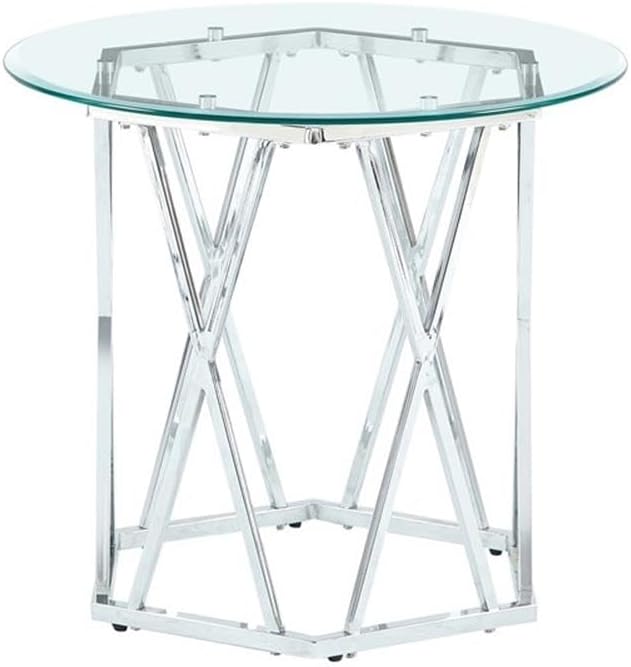 Pemberly Row Round Tempered Glass End Table, 26 in Width, Silver Chrome Finish, Iron Base with Hexagonal Design, Modern Accent Table for Living Room or Bedroom Use