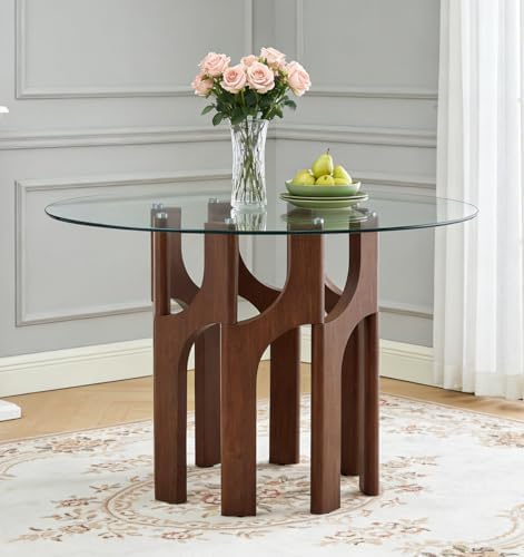 Glass Round Dining Table for 4 6 Person, 46 Inch Glass Kitchen Dining Room Table with Wooden Walnut Pedestal Base,Modern Circle Clear Glass Top Dinner Table for Small Spaces Home/Apartment