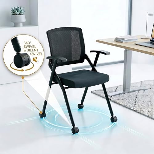 8 Pack Folding Office Chair with Wheels, Heavy Duty Mesh Back Nesting Conference Meeting Chair with Arms, Rolling Space-Saving Seating for Training Room, Home Office, Guest Reception & Waiting Area