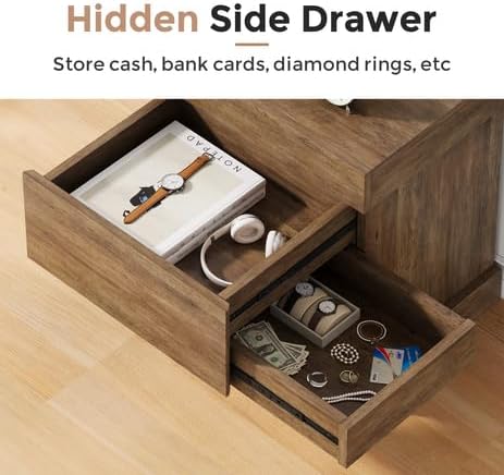 Nightstand with Gun Drawer, Farmhouse Bedside Table with Hidden Storage, Side End Table for Living Room, Bedroom, Little Spaces (Rustic Oak)