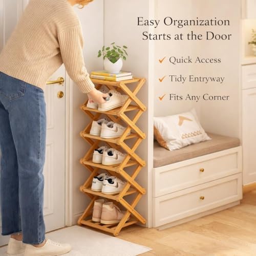 Foldable Shoe Rack, 9-Tier Bamboo Vertical Shoe Organizer, Narrow Space-Saving Shelf, No-Tools Assembly, Expandable Storage for Closet, Entryway, Corner, Bedroom (Brown, 6 Tire)