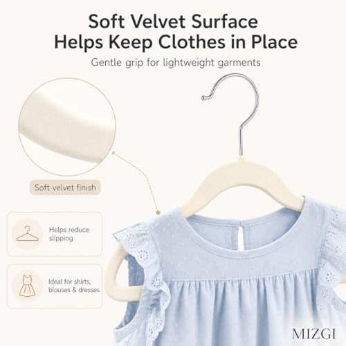 MIZGI Kids Velvet Hangers,Non-Slip Big Kids Hangers,14 Inch Hangers for Youth,Teen Clothes,Pack of 50（Ivory/Silver）