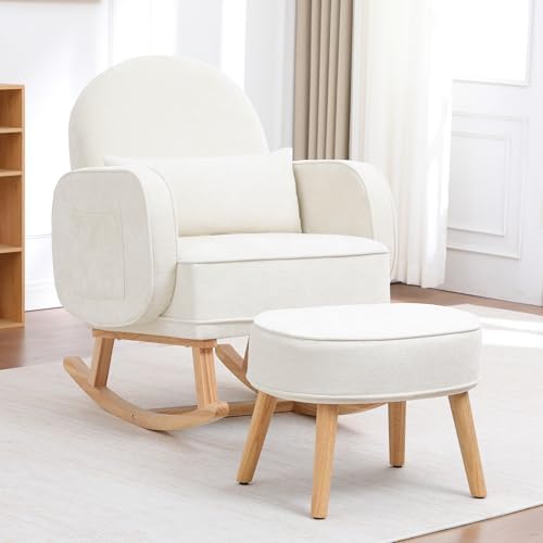 HCHAIRH Rocking Chair with Ottoman, Upholstered Glider Rocker with High Backrest and Side Pocket, Comfy Chenille Reading Chair with Solid Wood Legs for Nursery, Living Room,Bedroom Beige