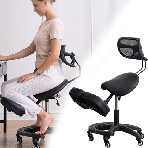 Kneeling Chair with Backrest, Ergonomic Saddle Seat, 360-Degree Swivel Mobile Angled Posture Stool for Office, Black Leather