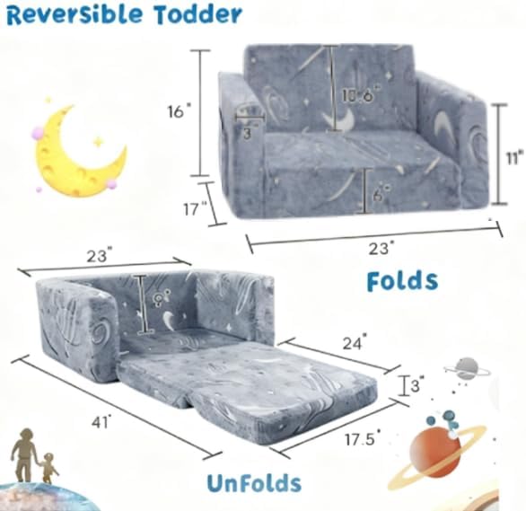 inhand Toddler Chair Comfy,2-in-1 Soft Toddler Couch Fold Out for Kids,Convertible Sofa to Lounger,Gift for Girls and Boys Birthday,Space,Medium
