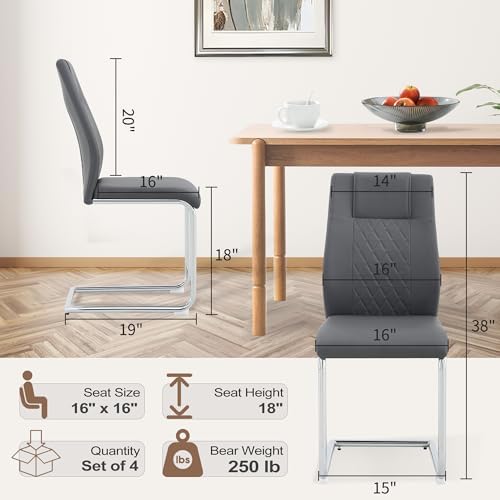 cinkehome Modern Gray Dining Chairs Set of 4 with Silver Metal Legs, High Back Upholstered Armless Side Chair for Kitchen, Dining Room, Faux Leather