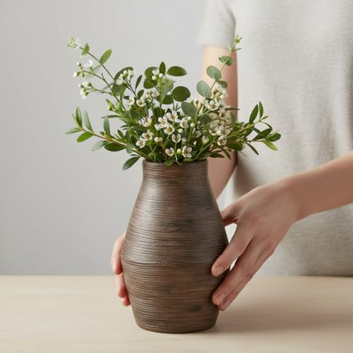 Brown Ceramic Vase - 10 Inch Rustic Farmhouse Vases Home Decor, Decorative Pottery Flower Vase for Living Room, Table Centerpiece, Shelf Kitchen Mantel Decor