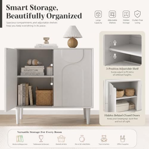 Easyego 31.5″ Mid Century Modern Sideboard Buffet Cabinet, White Wood Accent Storage with 2 Doors & Adjustable Shelves for Living Room, Entryway, Dining Room
