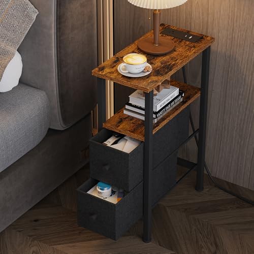 Narrow Side Table for Small Spaces, Skinny End Table with Charging Station, Sofa Beside Table with 2 Drawers 1 Open Compartment, Slim Nightstand with USB Ports Outlet, Rustic and Brown UTBT005FV2