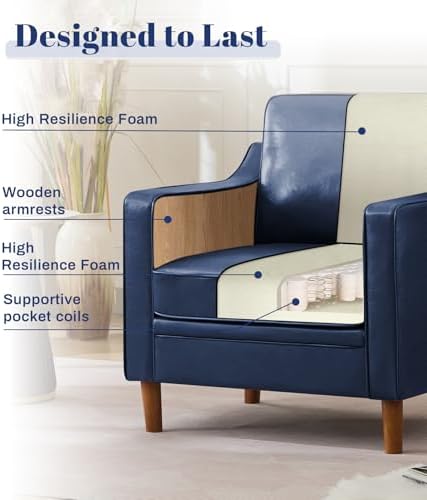 Accent Chair, Living Room Chairs, Faux Leather Reading Armchair, Mid Century with Solid Wood Foot, Upholstered Modern Decor for Bedroom, Apartment
