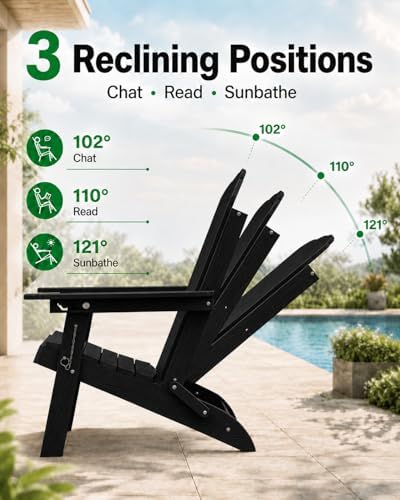 YEFU Adirondack Chairs Set of 2 for Outdoor: Folding Plastic Adirondack Chair with Cup Holder & Adjustable Back for Adult - All-Weather HDPE Weather Resistant for Patio Lawn - Easy Assembly(Black)