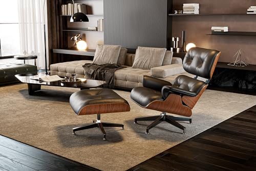 Luxury Top Grain Leather Mid Century Chaise Lounge Chair with Ottoman, Heavy Duty Base Support, Reading Chair, Modern Arm Chair, Leather Accent Chair for Living Room and Office, Walnut