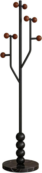 Freestanding Mid-Century Modern Tree Coat Rack | Freestanding metal rack with black marble base & wood spherical hooks for entryway, bedroom, living room