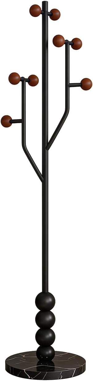 Freestanding Mid-Century Modern Tree Coat Rack | Freestanding metal rack with black marble base & wood spherical hooks for entryway, bedroom, living room