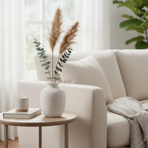 Rustic Farmhouse Vase for Pampas Grass, Beige Ceramic Vase for Flowers, 7 Inch Boho Vases for Home Decor, Aesthetic Desk, Night Stand, Book Shelf Decor
