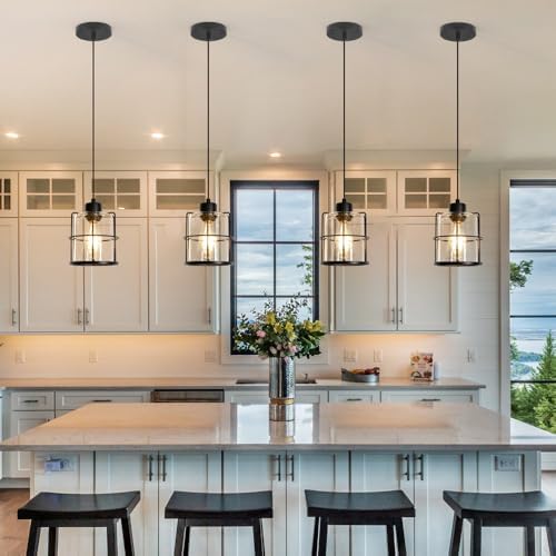Industrial Black Pendant Lights Kitchen Island, Glass Island Pendant Lights Set of 2, Small Ceiling Kitchen Island Lights with Adjustable Cord, Farmhouse Hanging Light for Hallway Bathroom