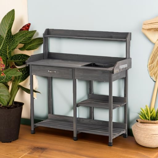 MCombo Potting Bench, Outdoor Garden Potting Table with Dry Sink, Drawer, Storage Shelves, Natural Wooden Work Station for Patio, Backyard and Porch 0458 (Grey)