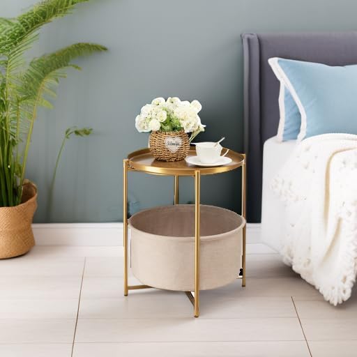 danpinera Gold Side Table with Fabric Storage Basket, Metal Round Side Small Bedside Table Nightstand with Removable Tray for Living Room, Bedroom, Outdoor Table for Patio, Nursery, Bathroom, Gold