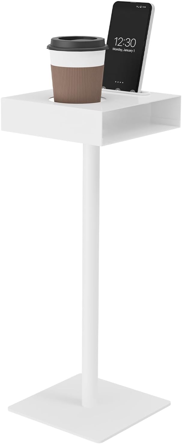 Yawinhe Small Metal Side Table,Versatile Coffee Drink Table with Weighted Base, End Table for Small Spaces with Phone Holder,Suitable for Living Room, Bedroom,7.8x7.8x21.6in,White,1 Pack,USZJ201W-1