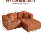 73" Loveseat Modular Sectional Sofa, Oversized 2-Seater Boneless Tufted Cloud Couch with Cup Holder and Movable Ottoman, Corduroy Upholstery Small Couches for Living Room, No Assembly Orange