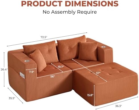 73" Loveseat Modular Sectional Sofa, Oversized 2-Seater Boneless Tufted Cloud Couch with Cup Holder and Movable Ottoman, Corduroy Upholstery Small Couches for Living Room, No Assembly Orange