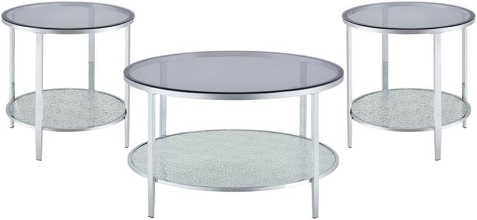 Pemberly Row Round Chrome and Tempered Glass End Table, Smoky Glass Top, Textured Mirrored Base, 22" W x 22" D x 24" H, Contemporary Style Side Table for Living Room or Bedroom Use