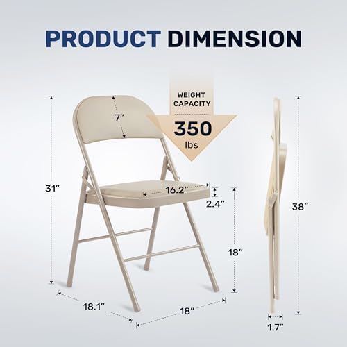 InfiniPower Folding Chairs 4 Pack with Vinyl-Padded Cushion and Back, Sturdy Metal Steel Foldable Chair, Portable Stackable Commercial Guest Seat for Indoor/Outdoor Events, Home, Office Use, Khaki