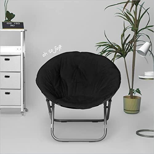 Urban Lifestyle Faux Fur Saucer Chair, Foldable Cozy Accent Chair for Kids, Teens & Adults, Gaming Chair Dorm Chair Bedroom Chair, Metal Frame, Black Faux Fur Seat
