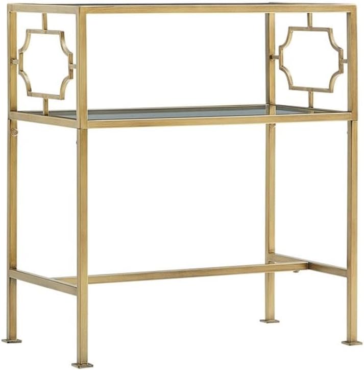 Pemberly Row Rectangular Accent Table, Antique Gold Metal Frame and Clear Tempered Glass, 23.38" W x 13.38" D x 26" H, 2-Tier Design with H-Style Stretcher, Modern Table for Living Room or Entryway