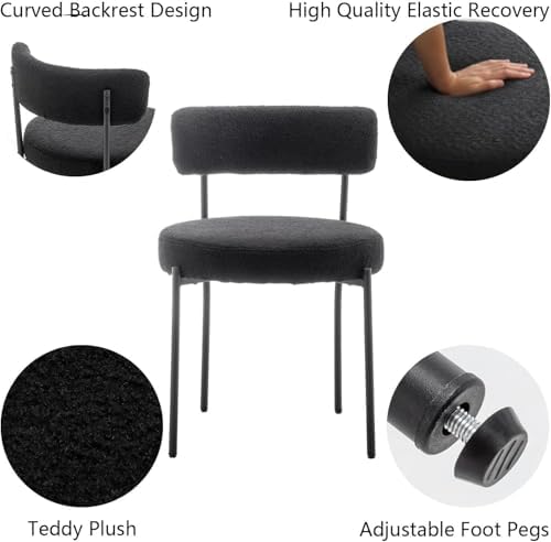 Cinxzar Black Boucle Dining Chairs Set of 4, Upholstered Dining Chairs with Black Metal Legs, Round Modern Dining Chair for Dining Room