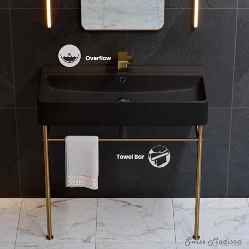 Carre 36" Ceramic Console Sink Matte Black Basin Brushed Gold Legs